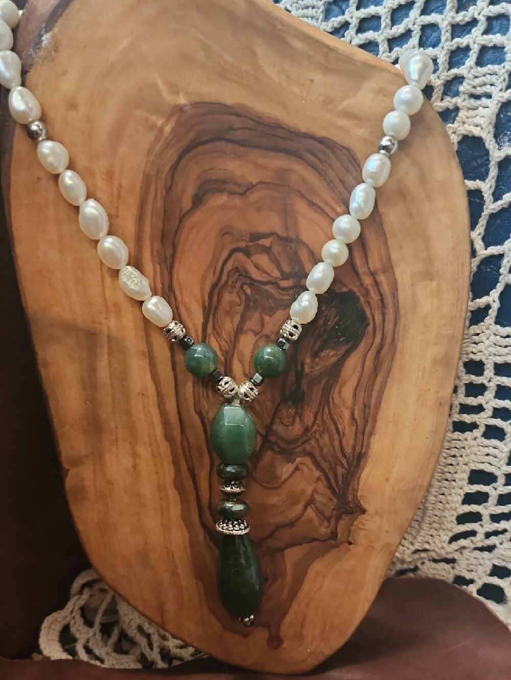 Freshwater Pearl and Moss Agate Stone Pendant Necklace - Picture 6 of 7